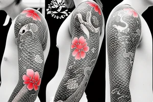 traditional full sleeve tattoo with 3 koi fish with color Japanese's flower tattoo idea