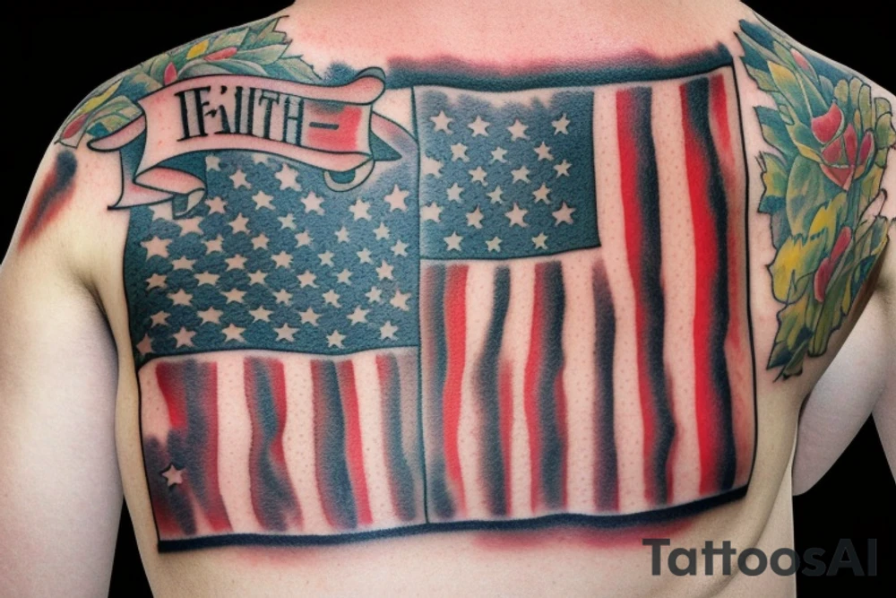 Ripped american flag saying faith, courage and pride tattoo idea