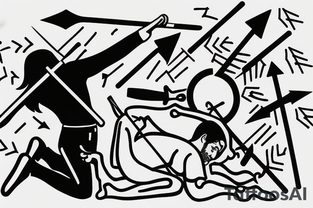Kneeling father With arrows in his back Shielding his Children tattoo idea