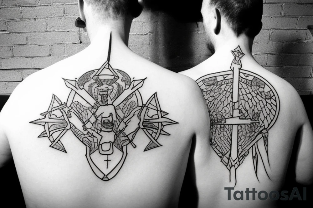 Kneeling father With arrows in his back Shielding his Children tattoo idea