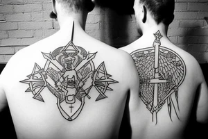 Kneeling father With arrows in his back Shielding his Children tattoo idea