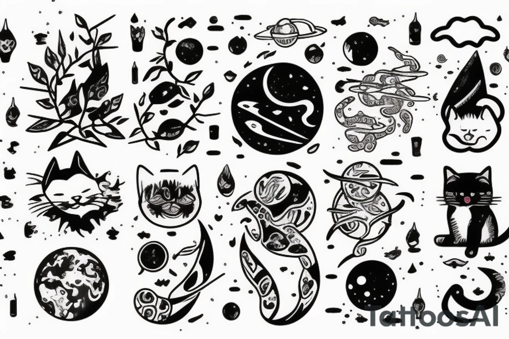 A modern approach to the demise of our world and return to nature with space elements and cats tattoo idea