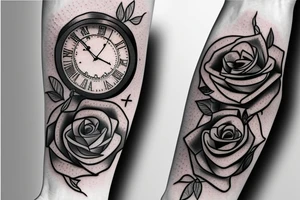 Roses, clock, kind of hearts card tattoo idea