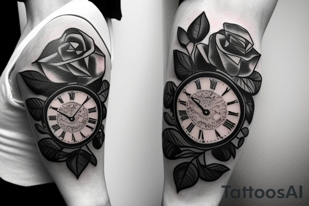 Roses, clock, kind of hearts card tattoo idea