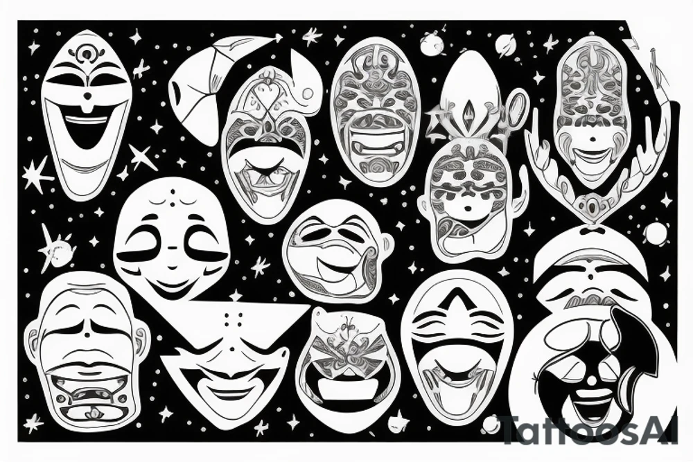 Mask with laughing mouth in the kosmos tattoo idea