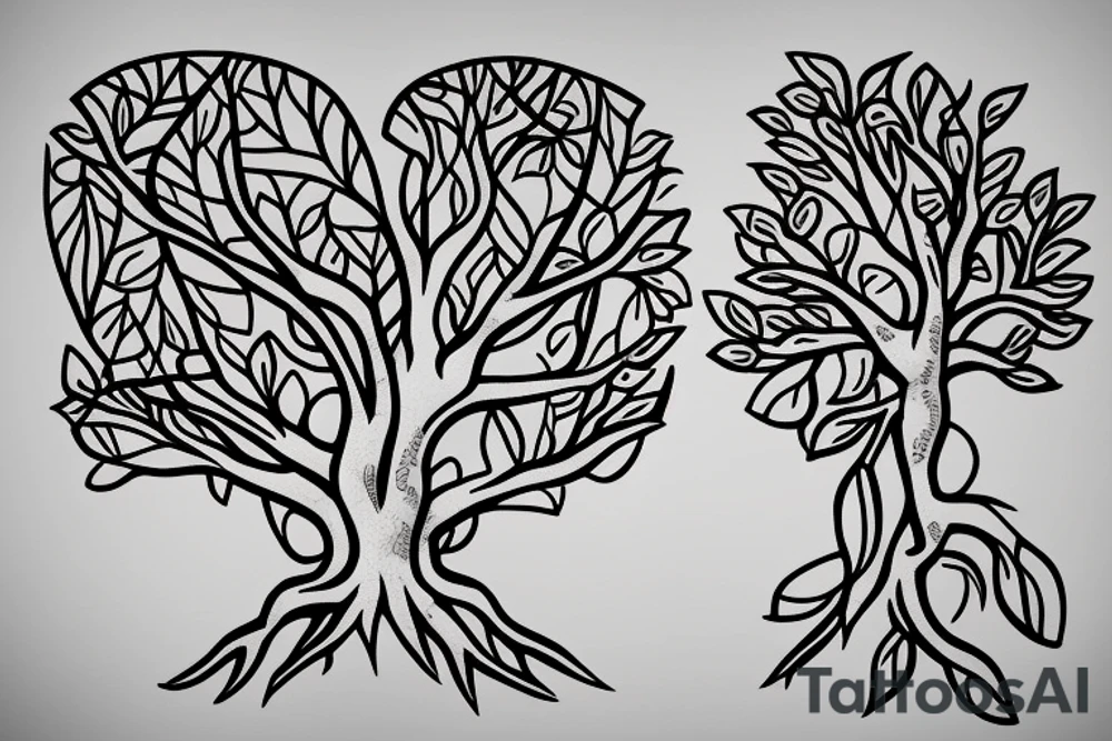 Banyan tree heart leaves with roots tattoo idea