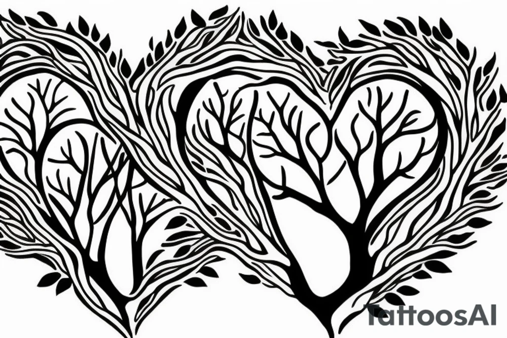 Banyan tree heart leaves with roots tattoo idea