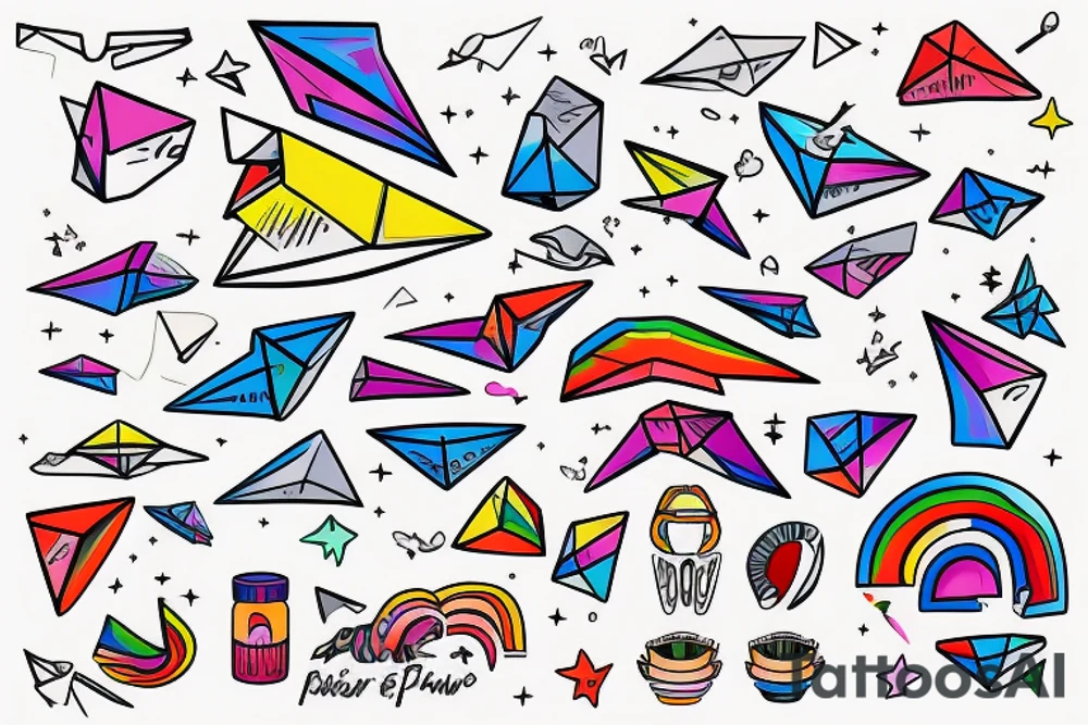 paper airplane in splashes of rainbow paint tattoo idea