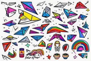 paper airplane in splashes of rainbow paint tattoo idea