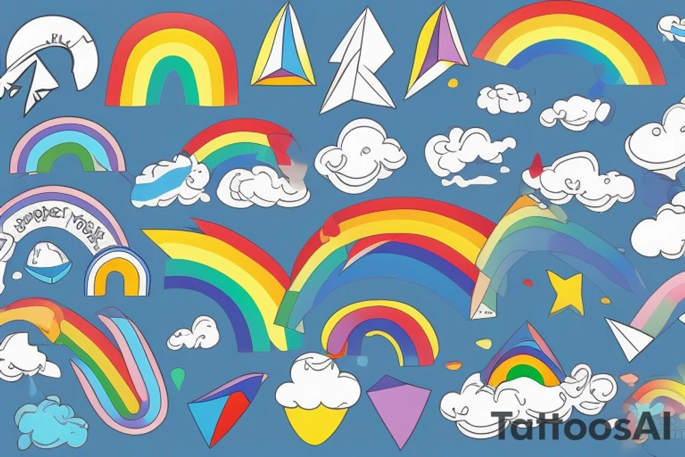 paper airplane in splashes of rainbow paint tattoo idea