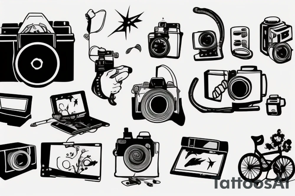 Table with camera and computer on it tattoo idea