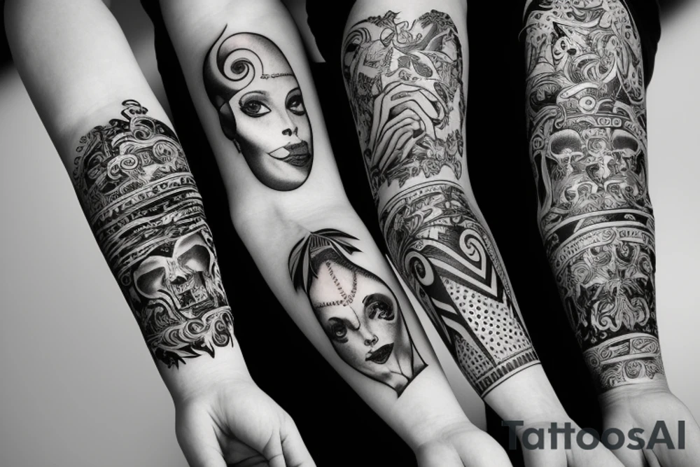 Arm sleeve about sleepless nights, time, and mortality tattoo idea Arm sleeve about sleepless nights, time, and mortality tattoo idea