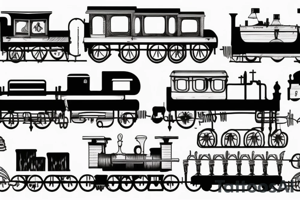 Wild Train with several wagons going off rails tattoo idea