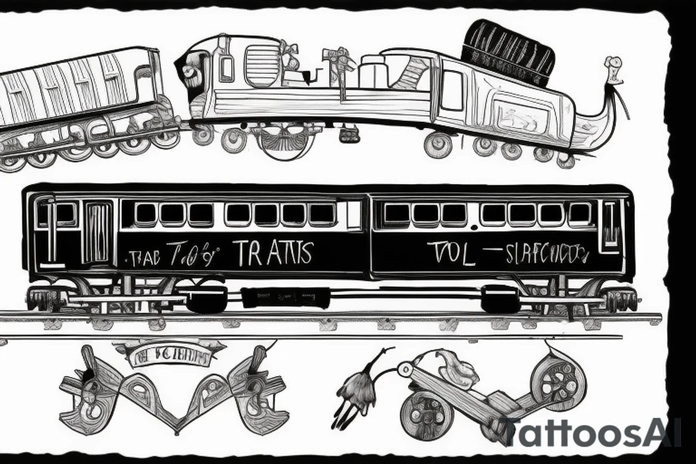 Wild Train with several wagons going off rails tattoo idea