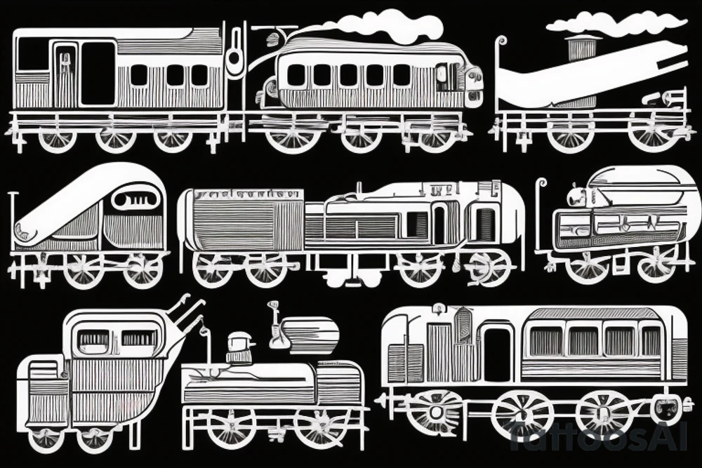 Wild Train with several wagons going off rails tattoo idea