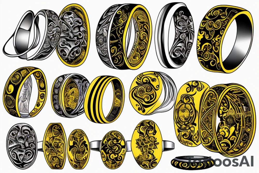 Wedding Ring tattoo for man. Colors gold yellow, black, silver. tattoo idea