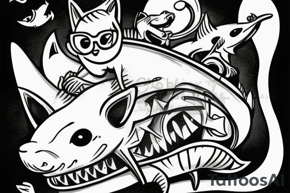 A cat surfing on top of a shark while wearing a top hat and sunglasses. tattoo idea