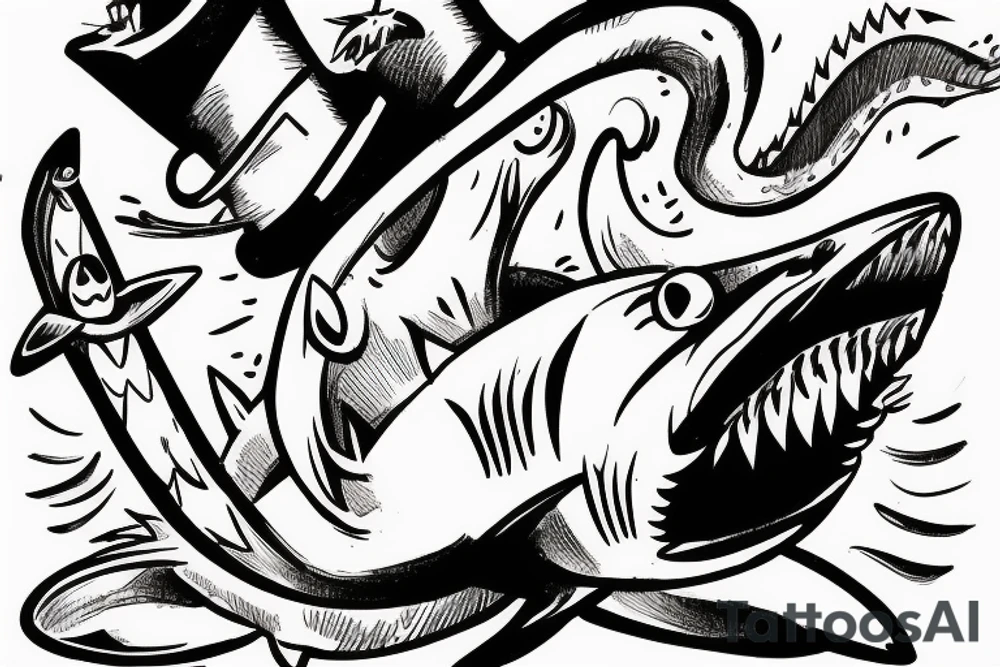 A cat surfing on top of a shark while wearing a top hat and sunglasses. tattoo idea