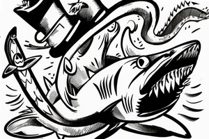 A cat surfing on top of a shark while wearing a top hat and sunglasses. tattoo idea
