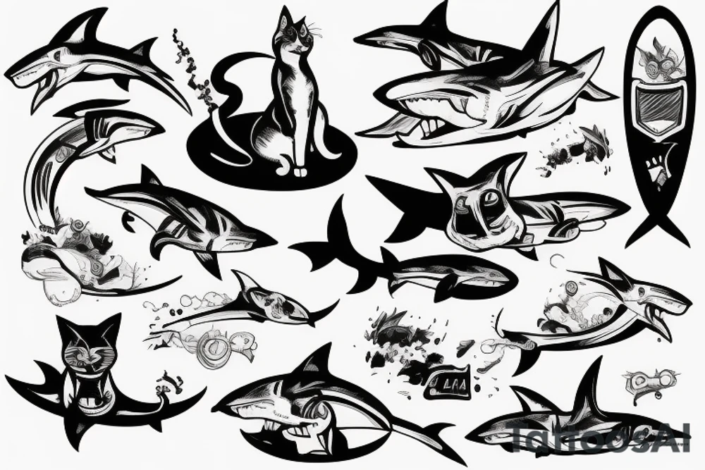 A cat surfing on top of a shark tattoo idea