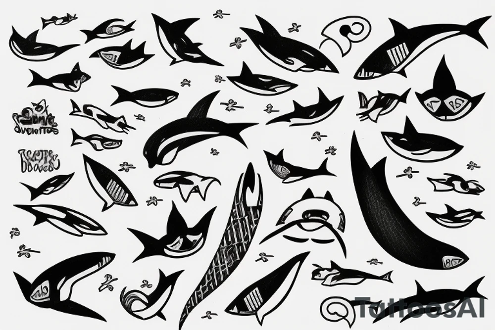 A cat surfing on top of a shark tattoo idea