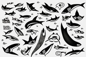 A cat surfing on top of a shark tattoo idea
