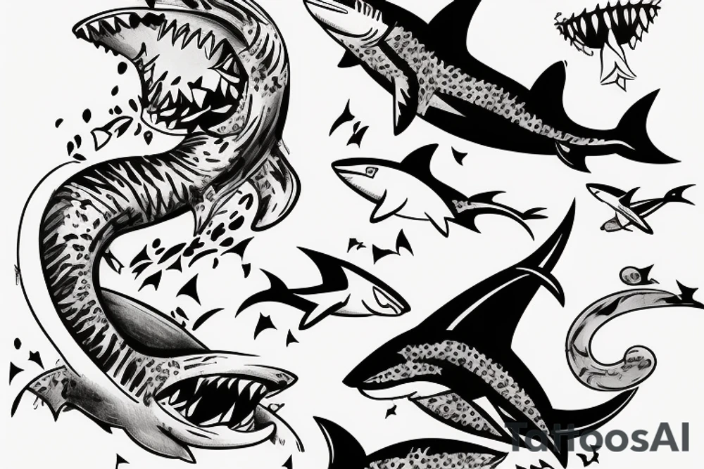 A cat surfing on top of a shark tattoo idea