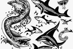 A cat surfing on top of a shark tattoo idea