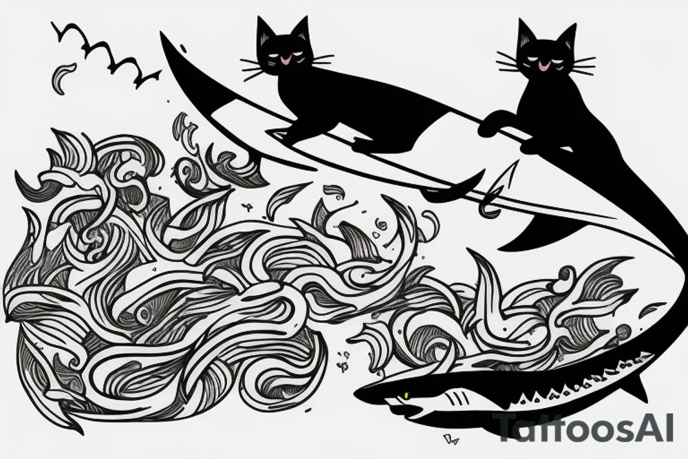A cat surfing on top of a shark tattoo idea