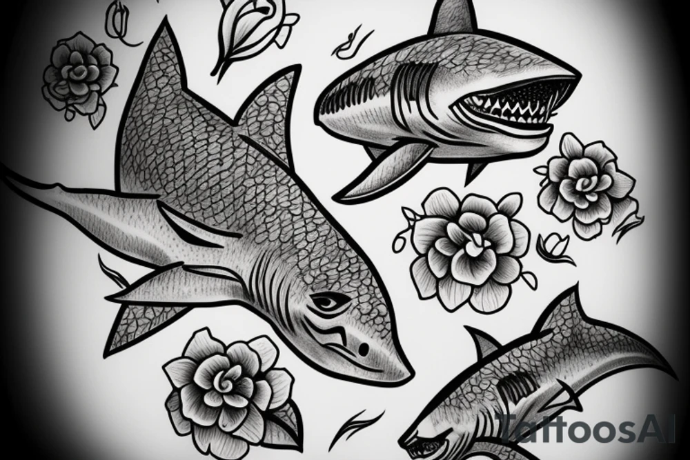 Shark with flowers tattoo idea