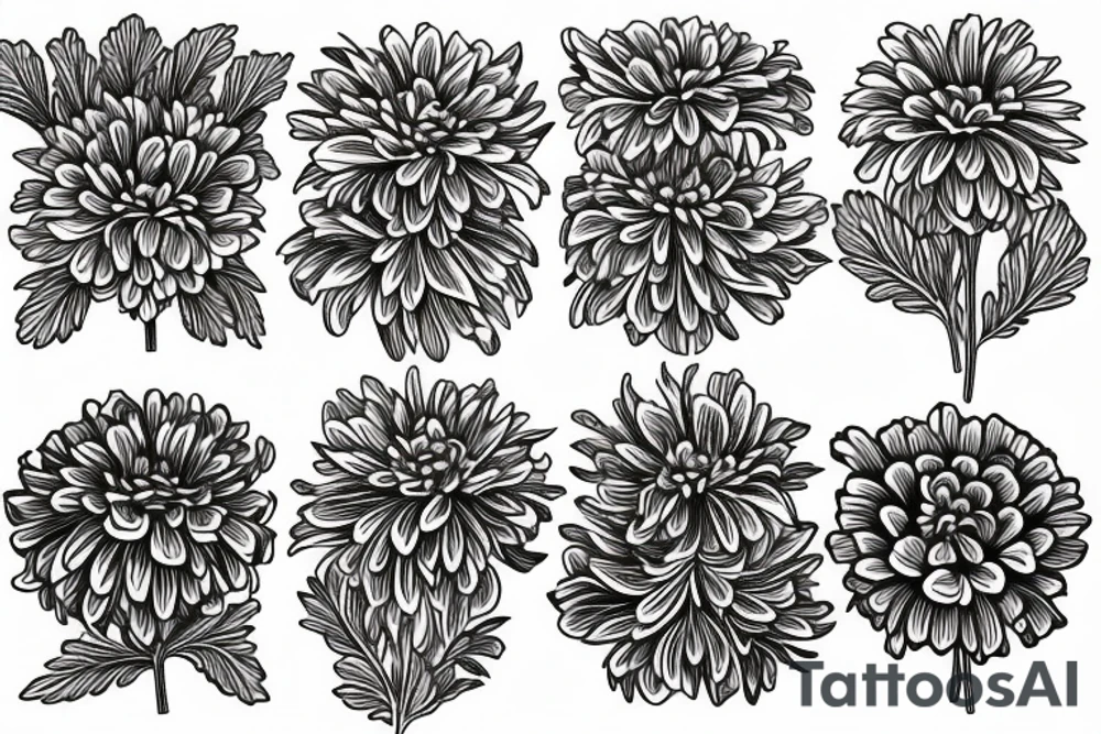marigold, chrysanthemum, carnation together tattoo idea