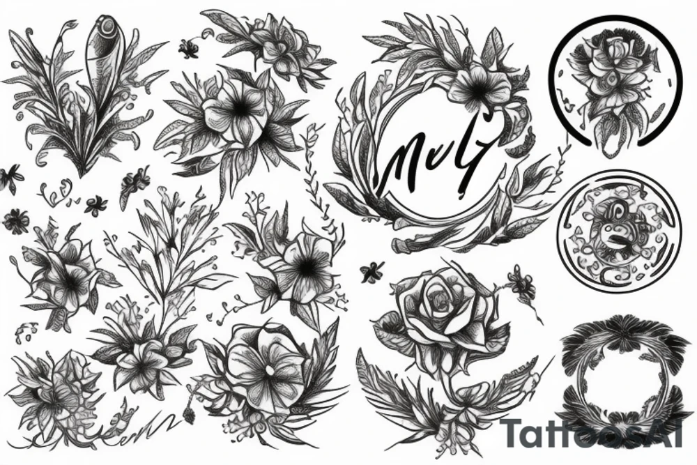 mercury symbol with flowers tattoo idea
