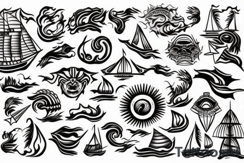 ship at sea on fire tattoo idea