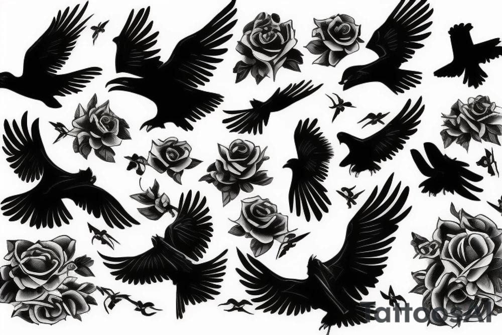 flying Ravens, black roses, cross tattoo idea flying Ravens, black roses, cross tattoo idea