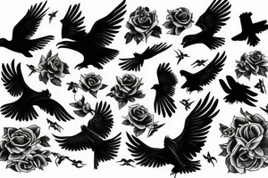 flying Ravens, black roses, cross tattoo idea
