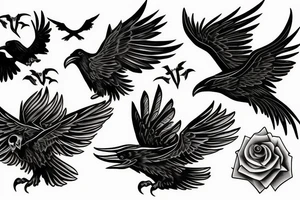 flying Ravens, black roses, cross tattoo idea