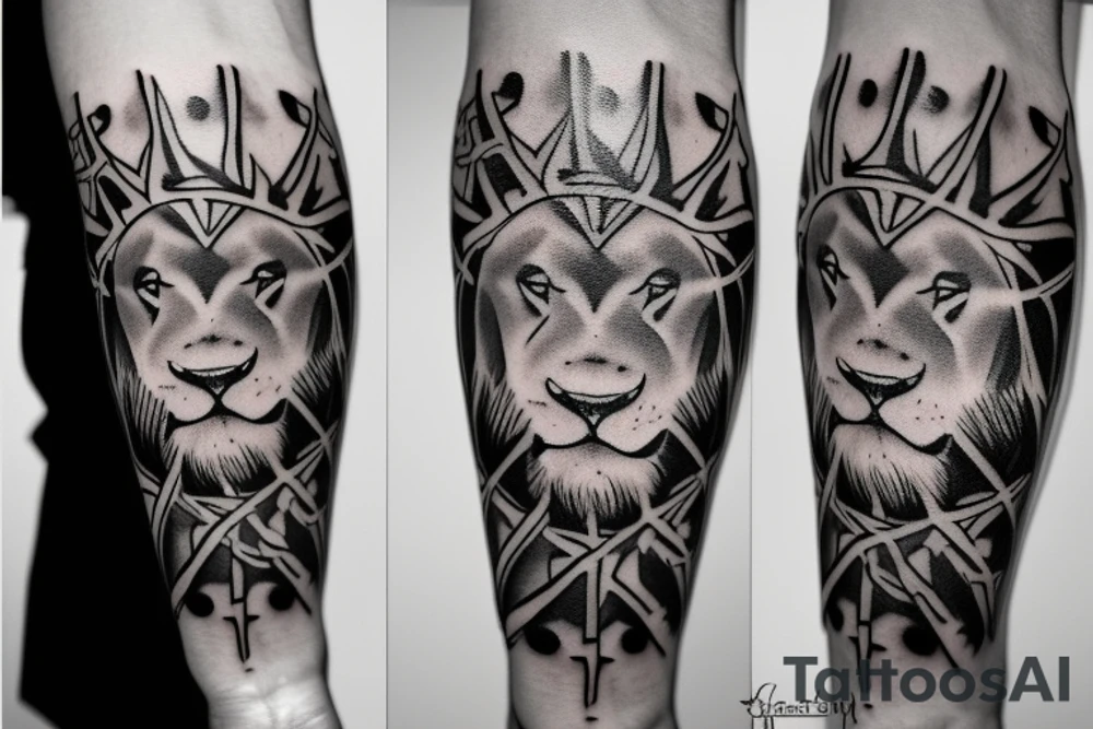 lion, cross, crown of thorns tattoo idea