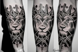 lion, cross, crown of thorns tattoo idea