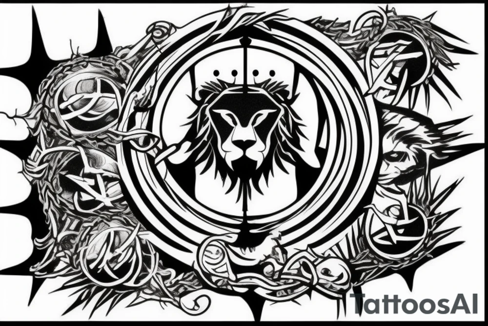 lion, cross, crown of thorns tattoo idea