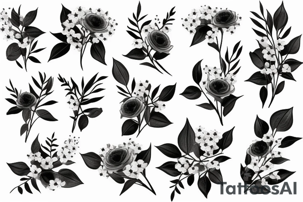wrap around flowers with baby’s breath and eucalyptus tattoo idea