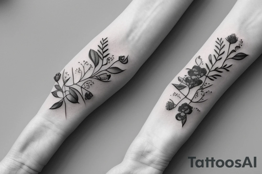 wrap around wrist flowers with baby’s breath and eucalyptus tattoo idea