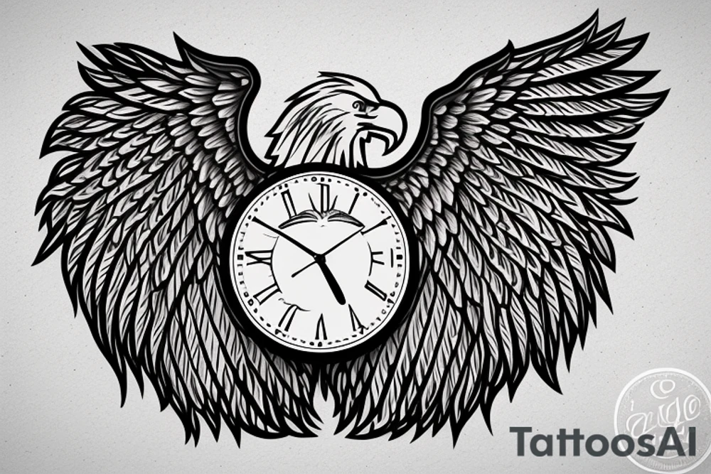 Eagles wings with books and tress wall clock tattoo idea