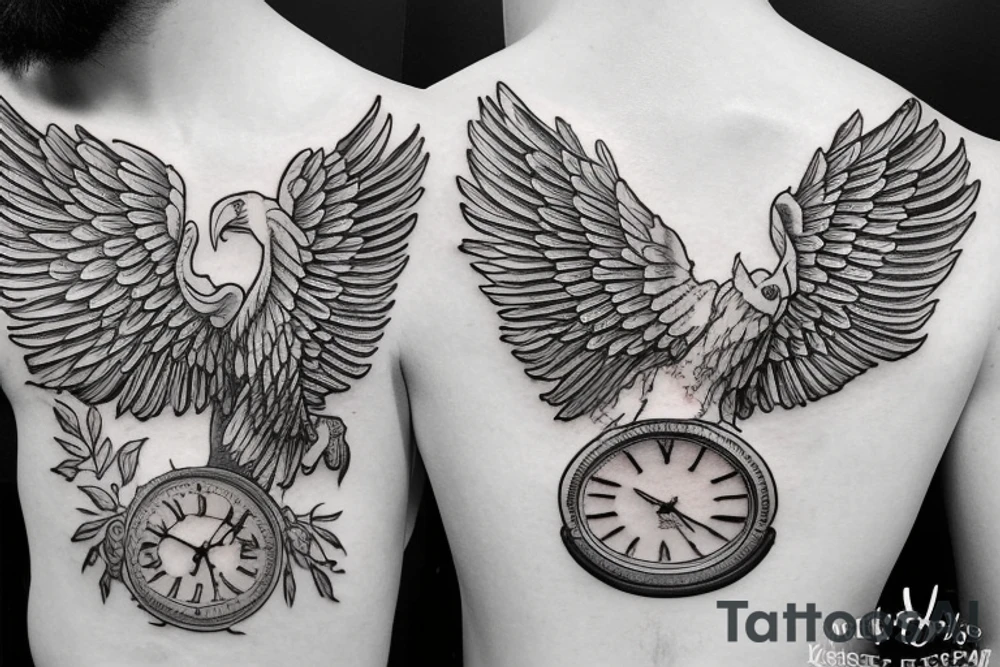 Eagles wings with books and tress wall clock tattoo idea