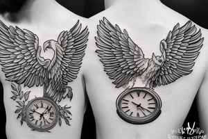 Eagles wings with books and tress wall clock tattoo idea