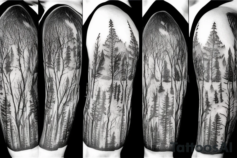 forest and mountains sleeve tattoo idea