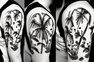 Skulls and palm trees with space background tattoo idea