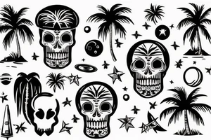 Skulls and palm trees with space background tattoo idea