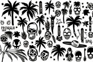 Skulls and palm trees with space background tattoo idea