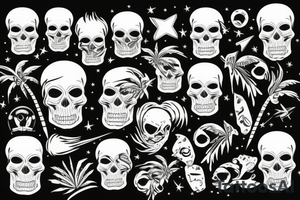 Skulls and palm trees with space background tattoo idea Skulls and palm trees with space background tattoo idea
