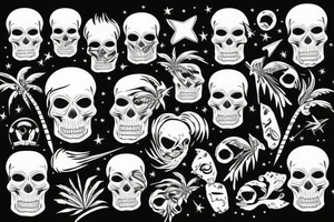 Skulls and palm trees with space background tattoo idea